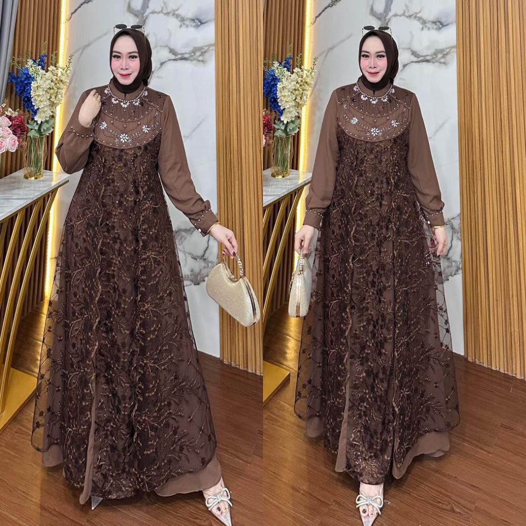 gamis dress ceruty mix tile baju pesta brokat tile