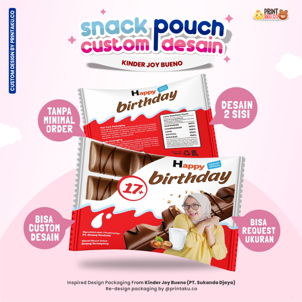Bungkus Kado Custom | Snack Custom Foto Teks Bungkus Kado Pouch Jumbo | Series Kinder Joy Bueno