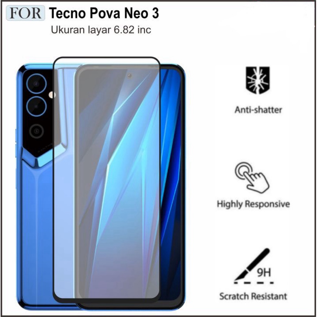 FULL SCREEN TEMPERED GLASS For Tecno Pova 3 Pelindung Layar Anti Gores Full Layar