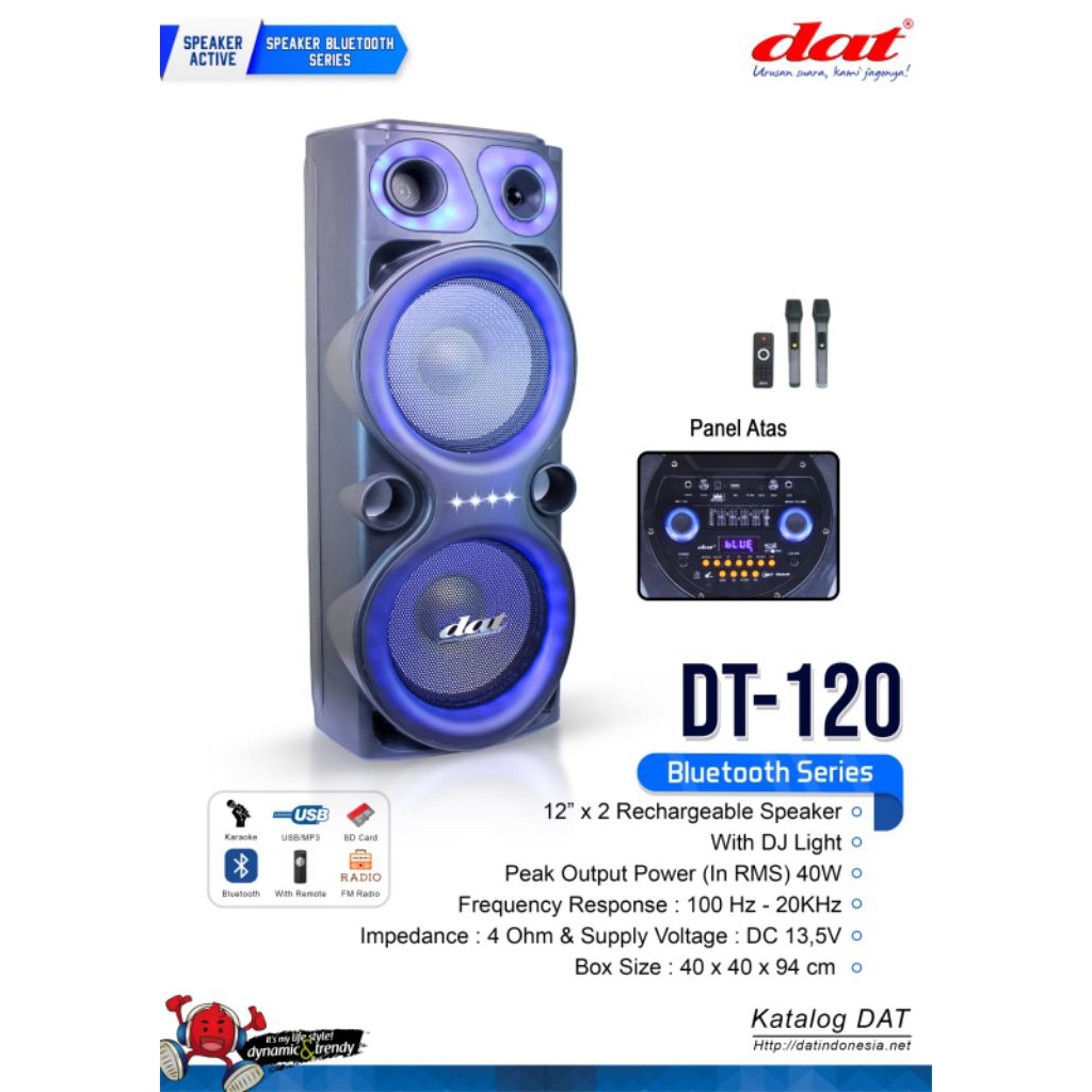 DAT Speaker DT-120 - Bluetooth Karaoke Speaker 2 x 12" 300W, USB/SD, FM Radio, 2 Mic Wireless + Remo