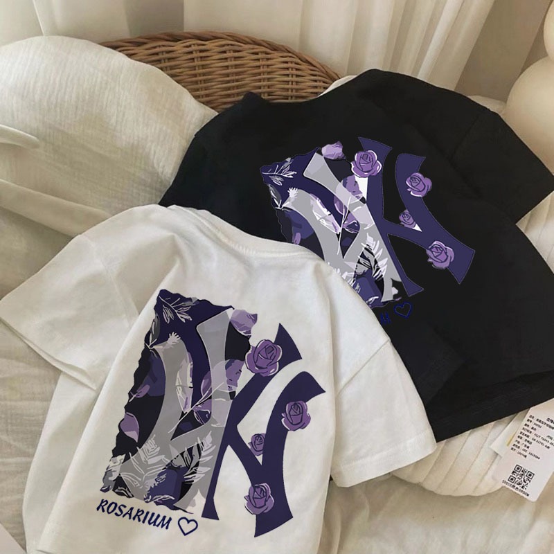korea style Putih cocobaby t shirt cotton Kaos Atasan Anak laki-laki Perempuan | MLB bunga ungu mema