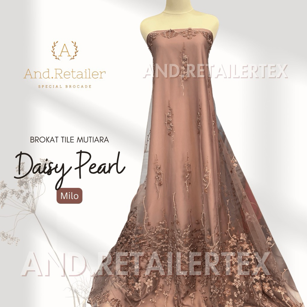 Bahan kain Kebaya Brokat tille Bordir Mutiara Daisy PearL Warna coklat Mocca Milo