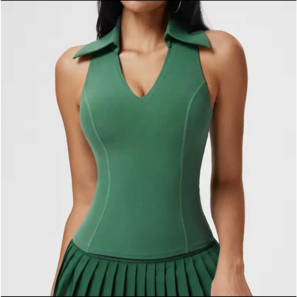 Tank Top Olahraga Wanita Kerah V Neck - Baju Atasan Sport Wanita TankTop Slim Fit Tenis Padel Golf AT01