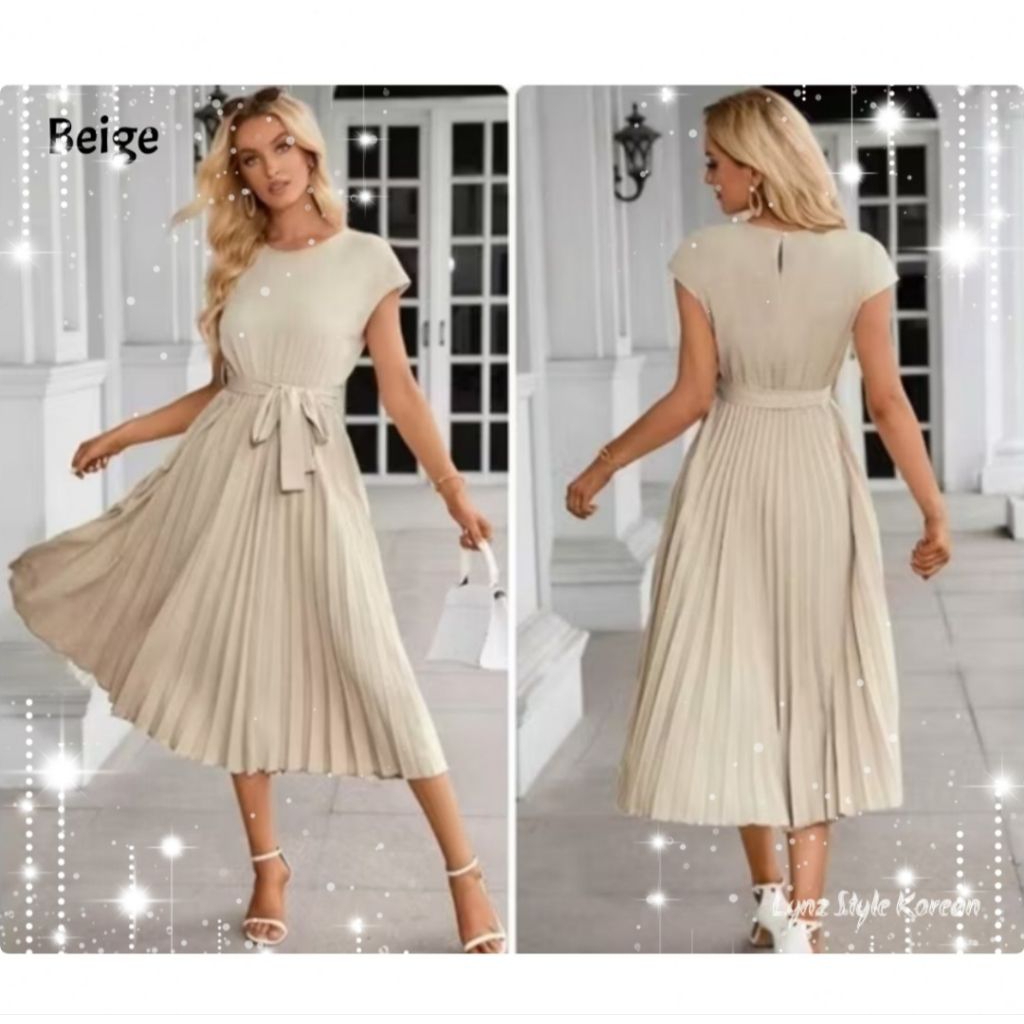 Long Dress Midi Wanita Gaun Pesta Plisket Rempel Pleated Tanpa Lengan Style Beige Cream Korea Import