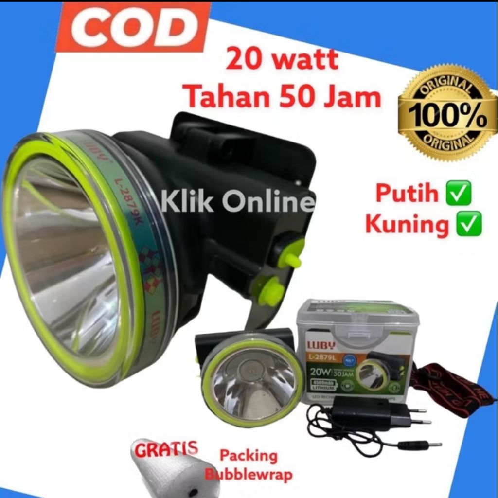 l-2879 senter kepala led luby 20watt daya tahan 50jam cahaya putih dan kuning senter kepala waterpro