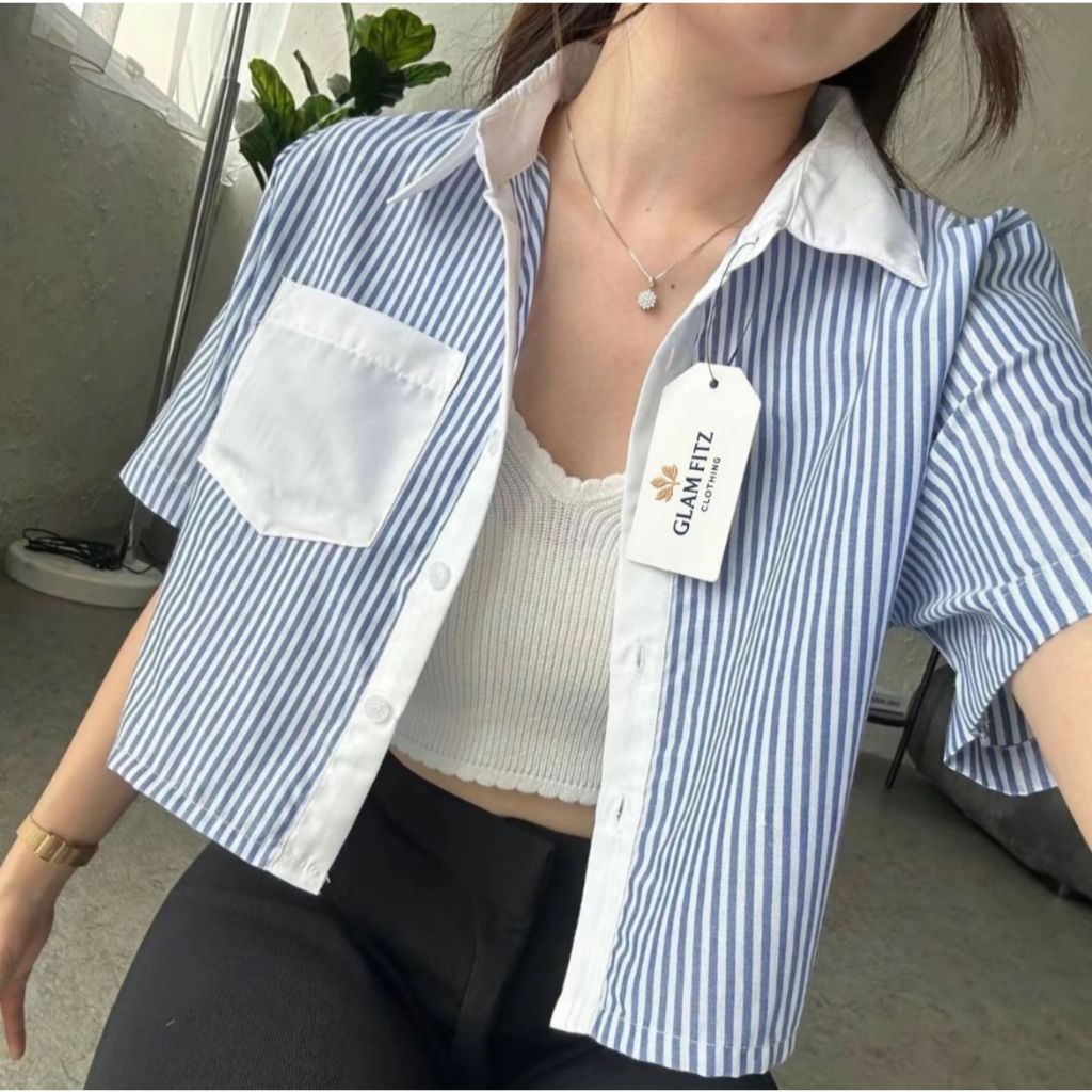 GLAM- SIVALI Gia Stripe Shirt || Croptop Stripe Shirt Kemeja Wanita Salur Lengan Pendek Atasan Wanit