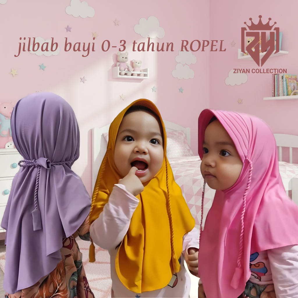 Ziyan Kids Bergo Ropel Luna - Hijab Instan Anak Bayi Kerut Leher Jersey Balon (0-3 Tahun)