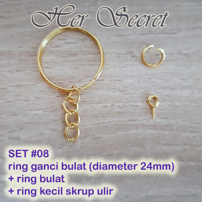 Ring Gantungan Kunci Emas Bulat Besi 24mm + Ring Bulat + Ring Kecil Skrup Ulir