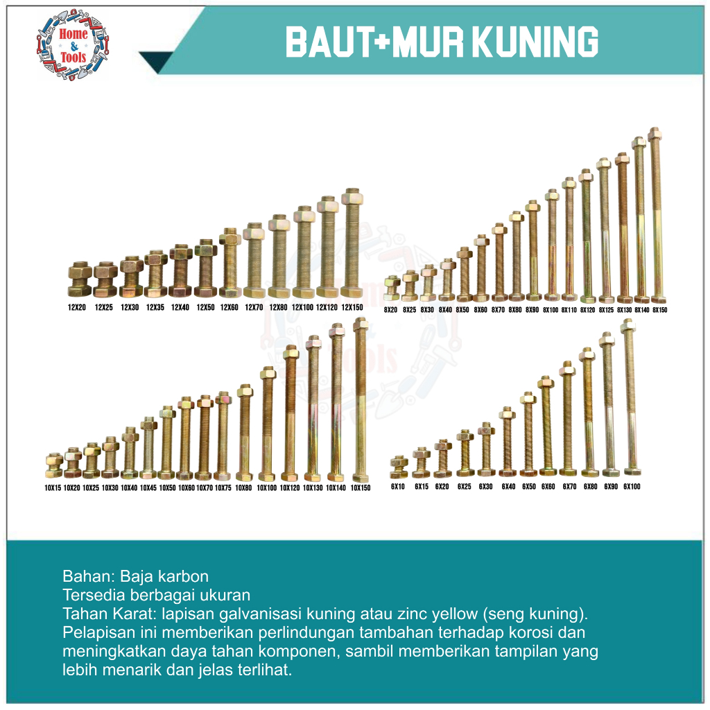 BAUT MUR KUNING 12 / BAUT / MUR / SEKRUP / BAUT MUR SET