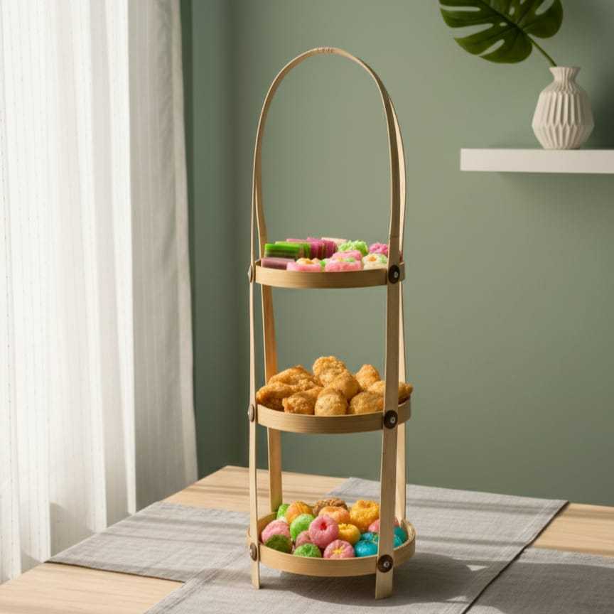 Rak susun bambu/Tier susun bambu/Tampah susun bambu/Rak kue basah/Tier makanan bulat susun 3