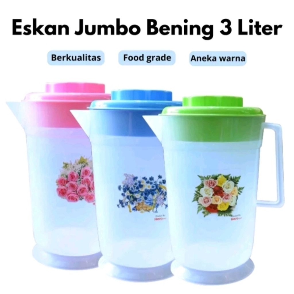 Teko Plastik Eskan Jumbo Uk 3 Ltr Bening Moting Bunga Teko Plastik Kuat Aman dan Estetik Food Grade