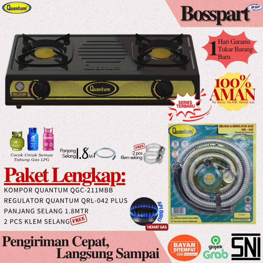 Paket Kompor QUANTUM 2 tungku QGC 211MBB / QGC-211MBB / Bonus Selang Regulator QUANTUM