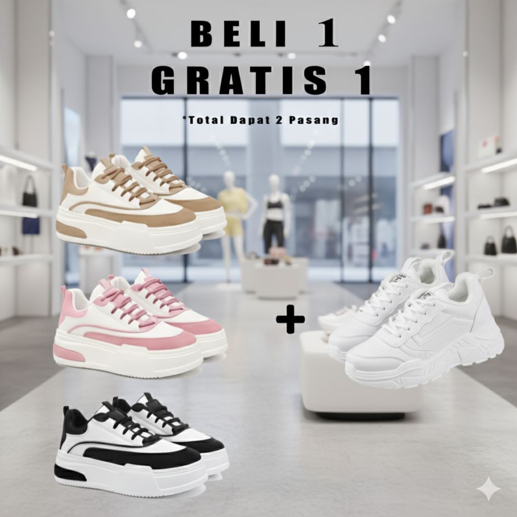 BELI 1 GRATIS 1 Sepatu Sneakers Wanita Korea Style Kasual Platform Tinggi Putih Hitam Pink - Sepatu 