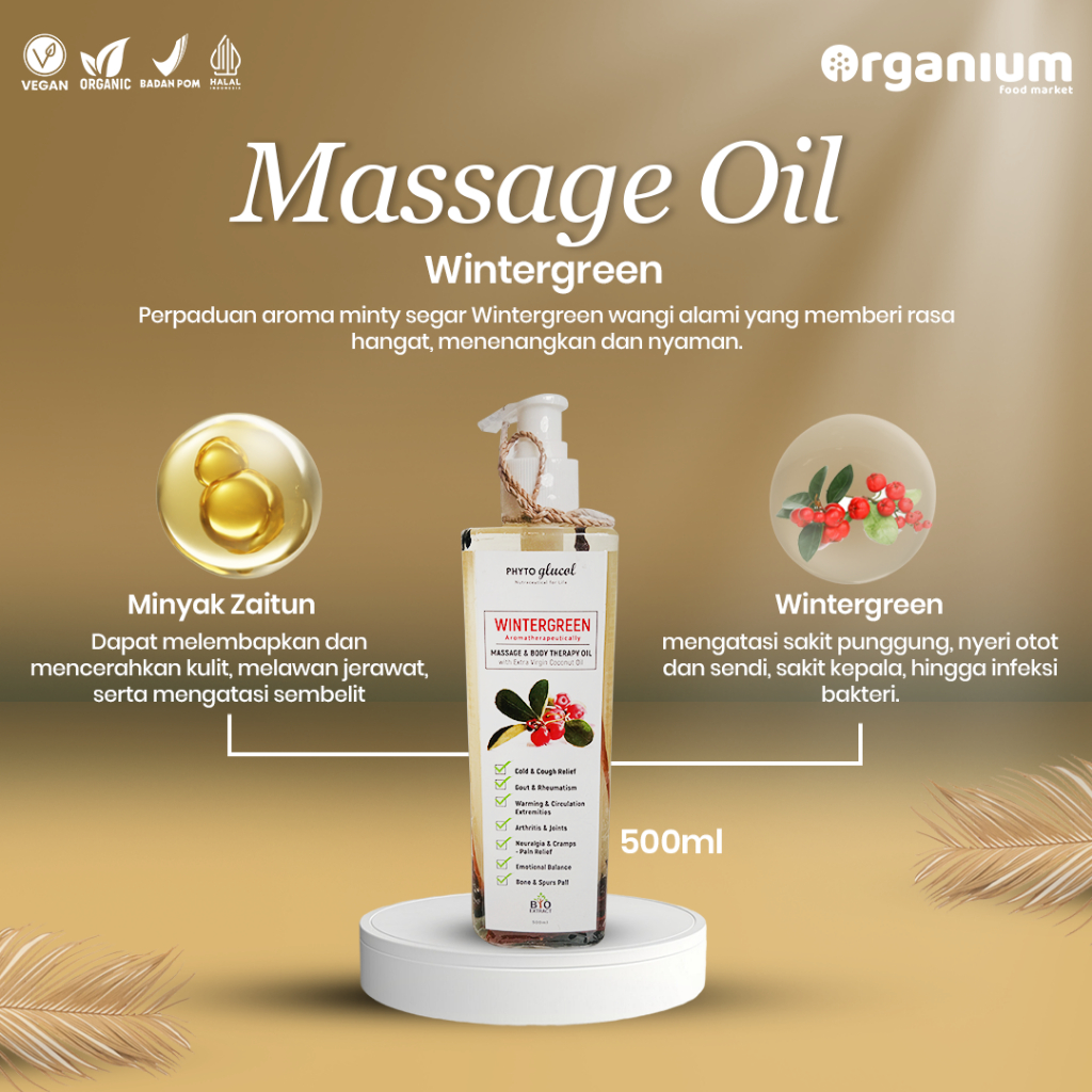Massage Therapy Oil Wintergreen PHYTO ORGANIC Minyak Pijat Natural - 500ml