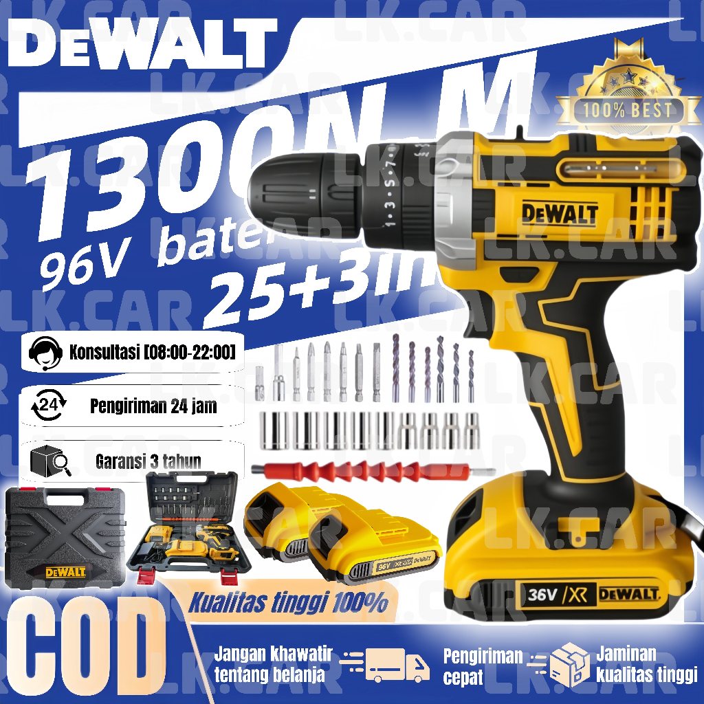 DEWALT  Bor Dampak Tanpa Kabel  Mesin Bor 96V Baterai Tangan Dengan 2 Baterai Cordless Drill Battery