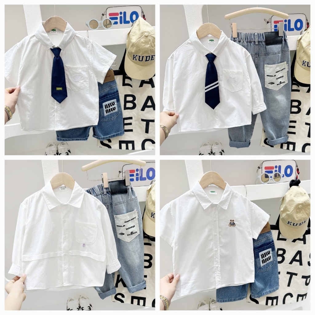 Kemeja Putih Polos Anak Laki Laki Katun Lengan Panjang Pendek + Dasi