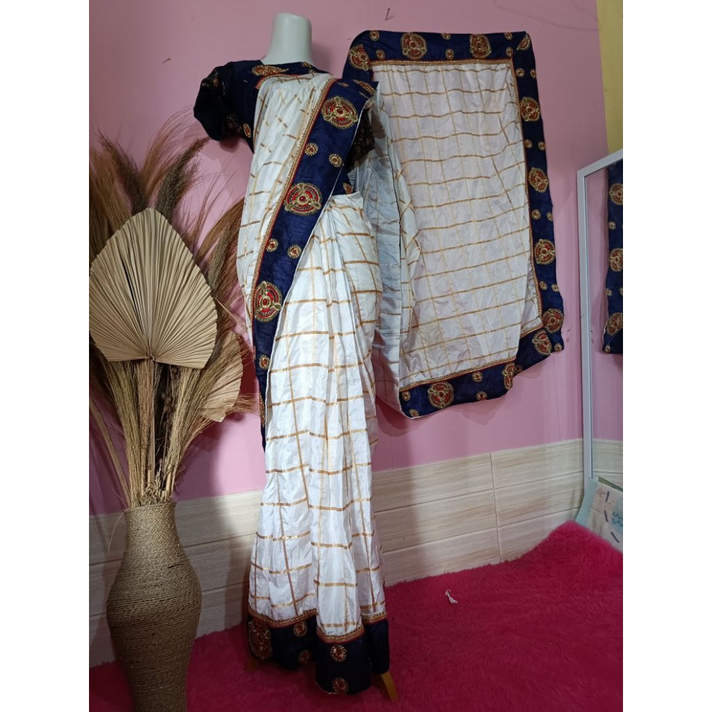 BAJU INDIA/ SAREE INSTAN PUTIH GOLD NAVY/ KOTAK2 CANTIK