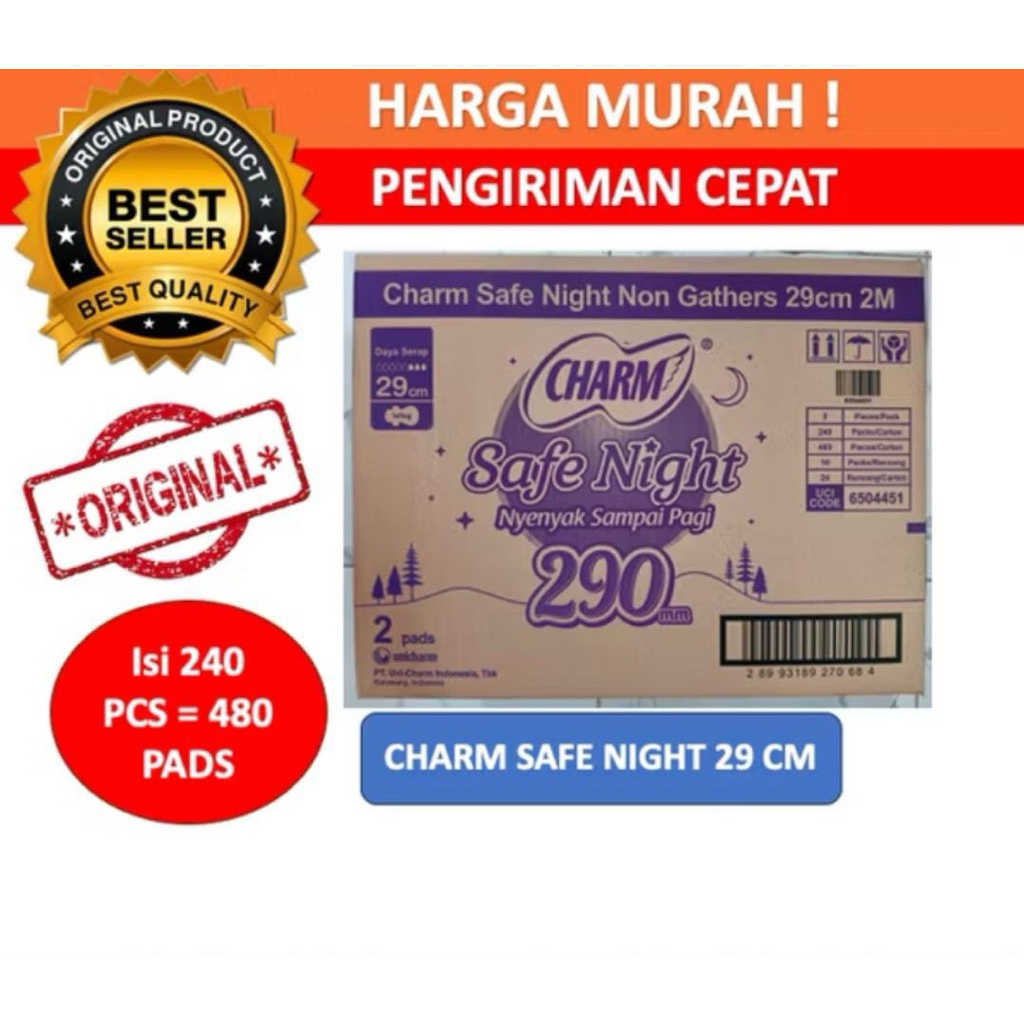 Charm Safe Night 29cm isi 2 |Renceng Pembalut Malam Wanita| Karton isi 24 renceng