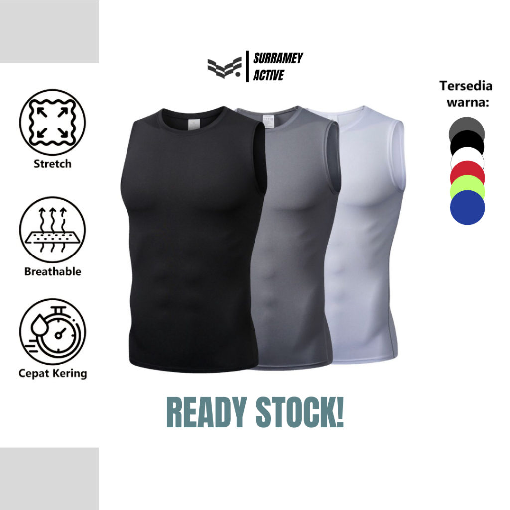 Surramey Active Baselayer Kaos Singlet Sleeveless Baju Sport Compression Shirt Pria Elastis Olahraga