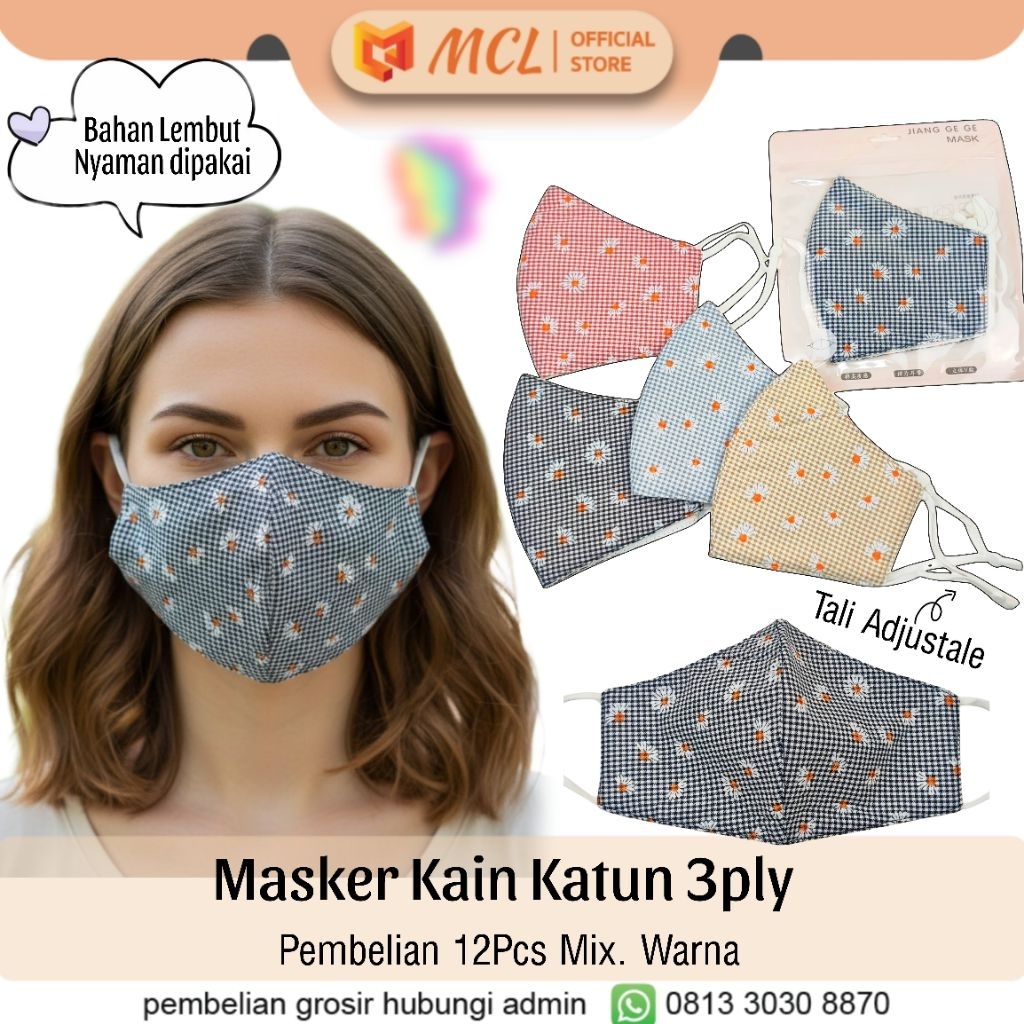 MCL GROSIR || 12PCS - Masker Kain Katun 3Ply Lapis Motif Bunga' Daisy Tali Adjustable