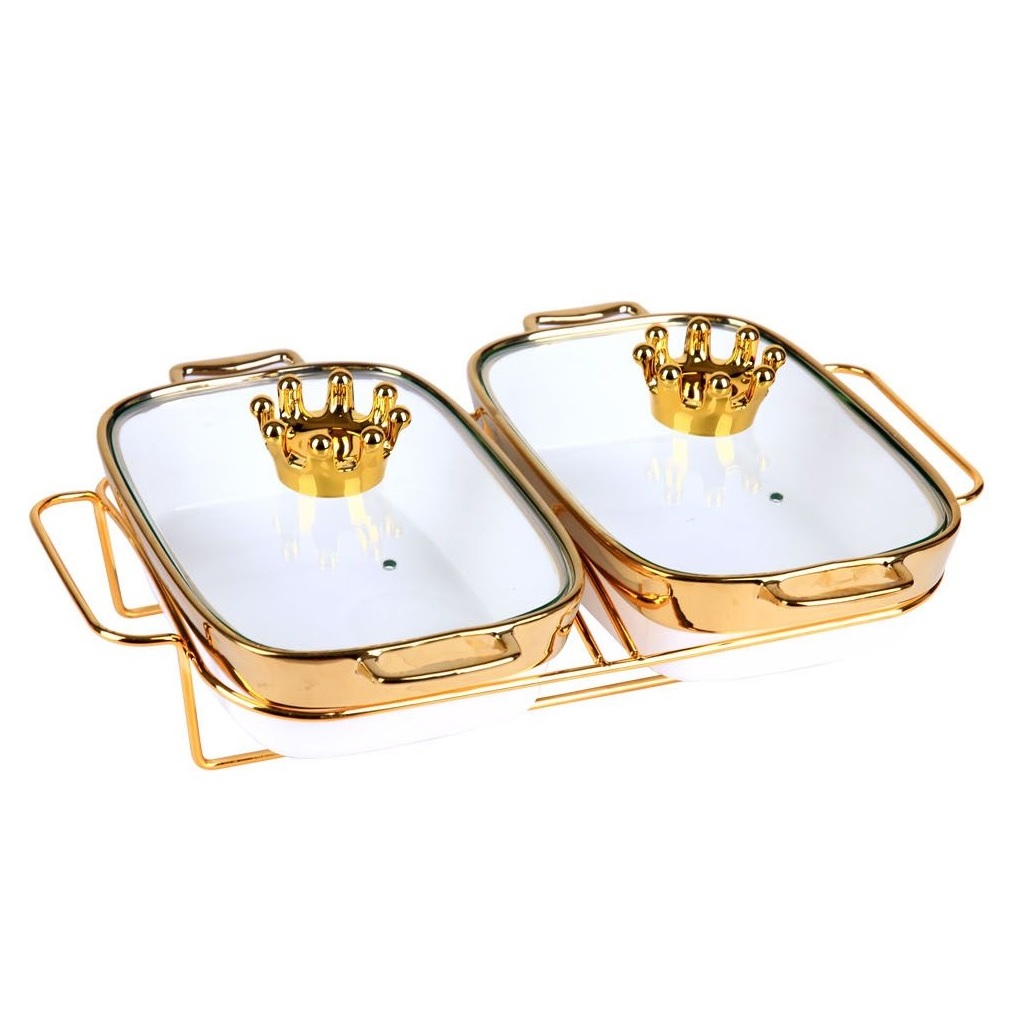 HOMELINE Prasmanan Keramik Basi Mangkok Penghangat Fine Porselen Tutup Kaca Set 2