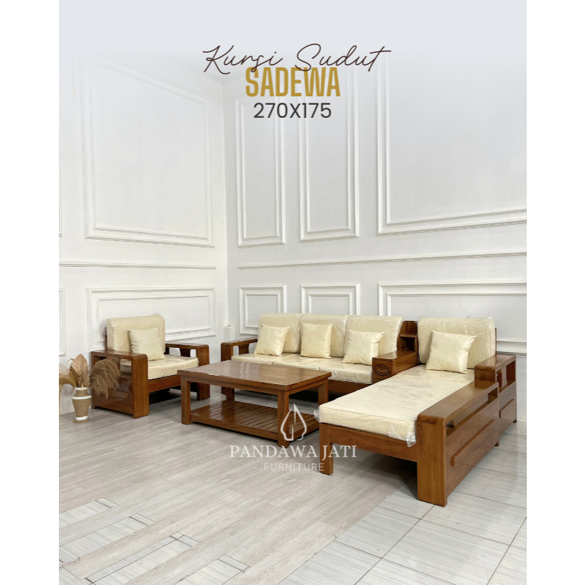 Kursi Sudut Minimalis Kayu Jati Sadewa – Ukuran 270 x 175 | Minimalis + bantal  & 2 meja