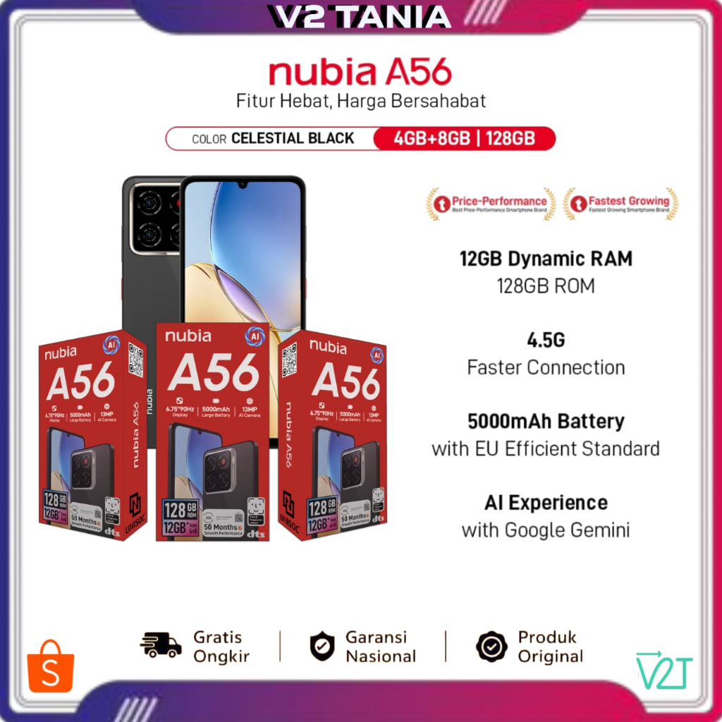 ZTE NUBIA A56 4+12GB, Smartphone Kamera AI 13MP Garansi Resmi + Free Earphone Nubia