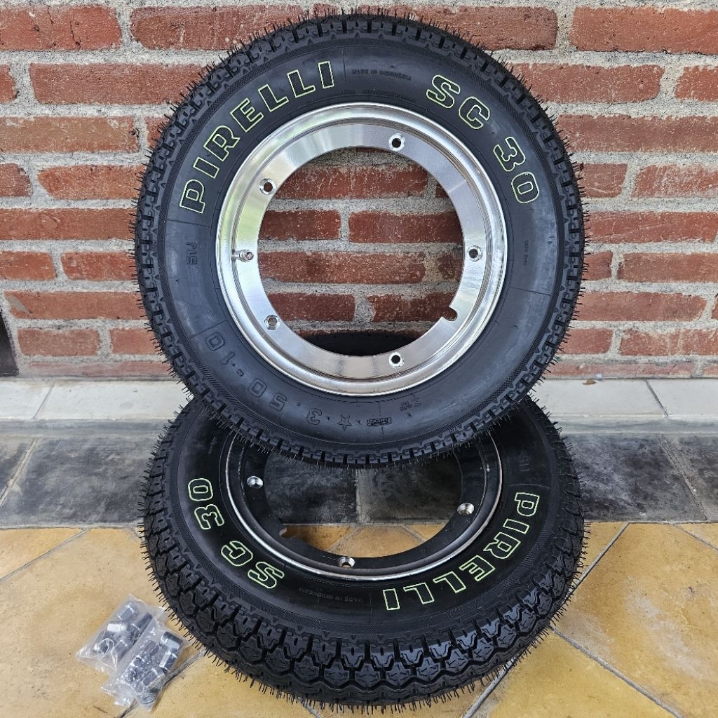 Velg Tubeless Vespa Ring 10 Broos SIP Afr Komplit Ban Pirelli SC 30 350/10 Vespa Super Sprint Px Pts