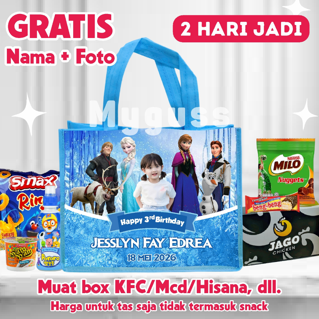 Tas Ultah Anak Free Nama Umur Foto||Goodie Bag Spunbond||Tas Custom Ulang Tahun Anak Tema Frozen