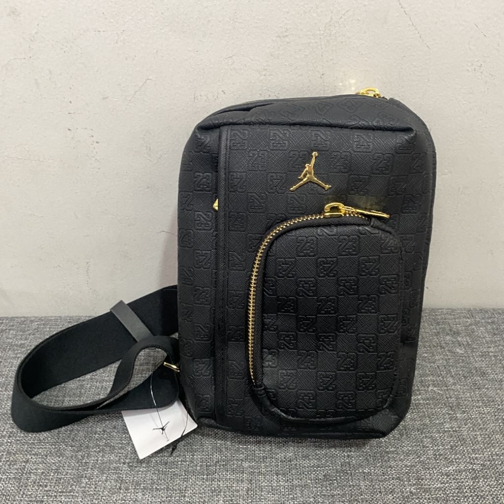 Air Jordan Monogram Sling Bag Faux Leather Black Gold / Tas Dijamin Original