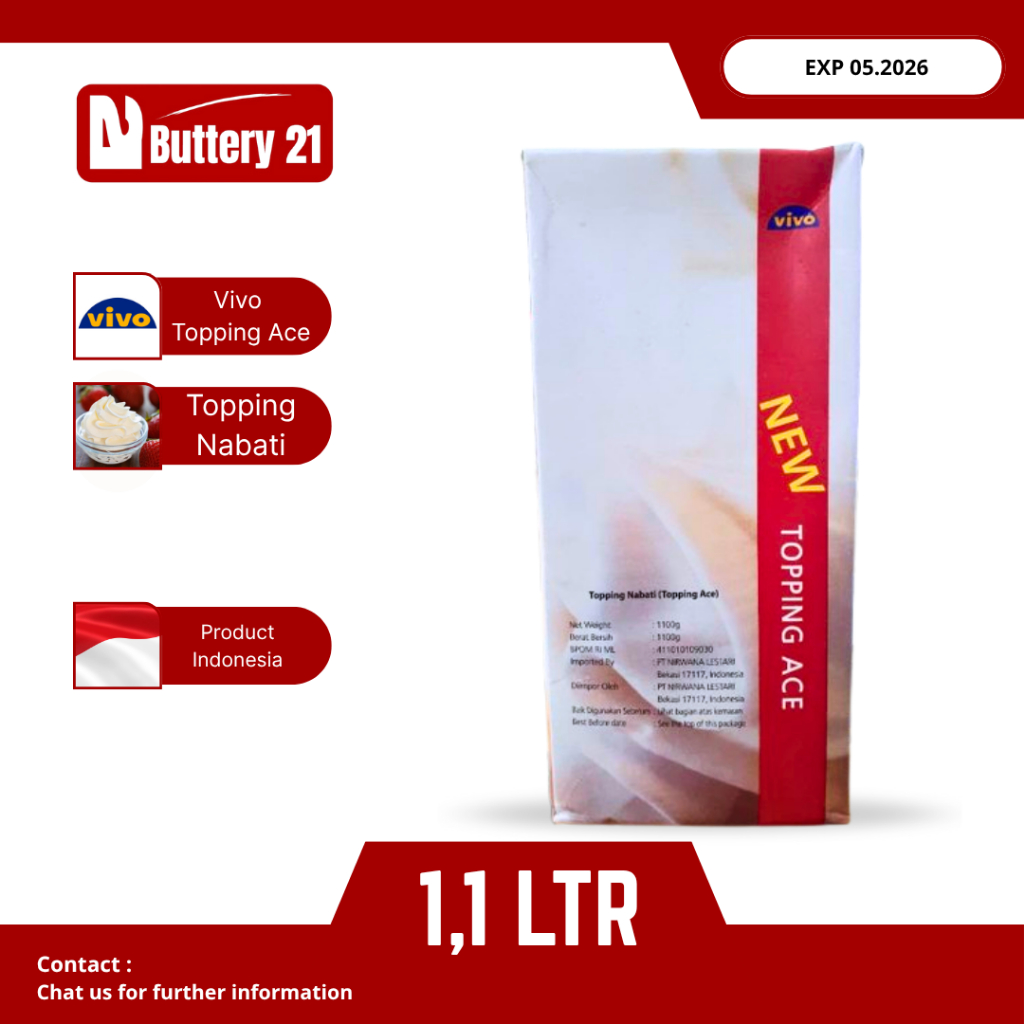 VIVO WHIPING CREAM TOPPING ACE 1,1 LTR/TOPPING ACE 1100 GR/TOPPING NABATI