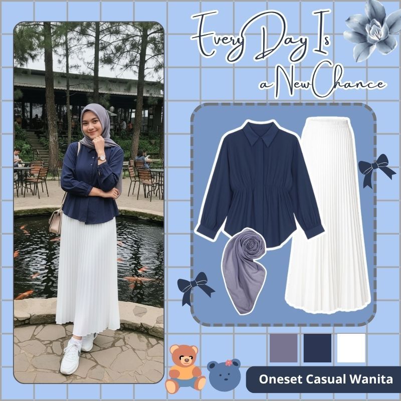 One Set Muslimah ( Kemeja Kerut + Rok Plisket Putih + Hijab ) Outfit Kuliah Wanita - 001