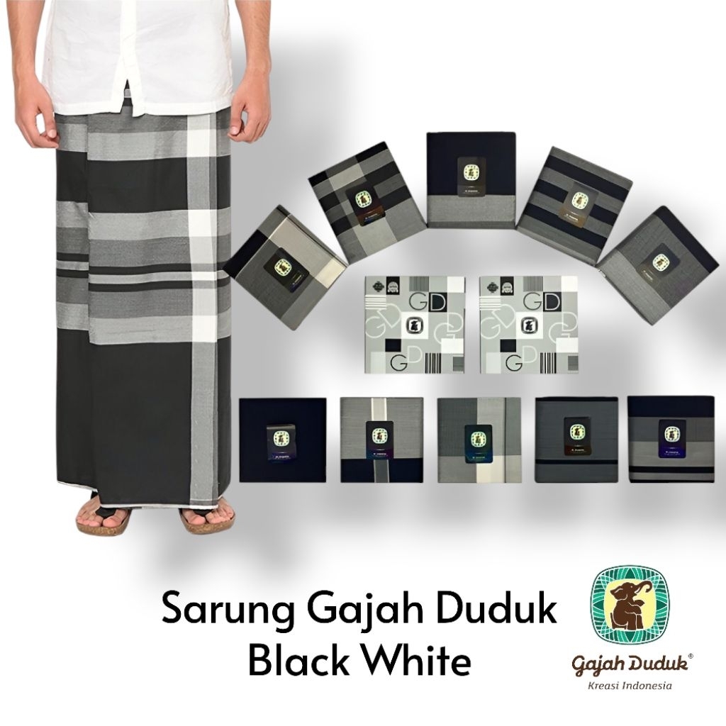Sarung Gajah Duduk Premium Black White Hitam Putih
