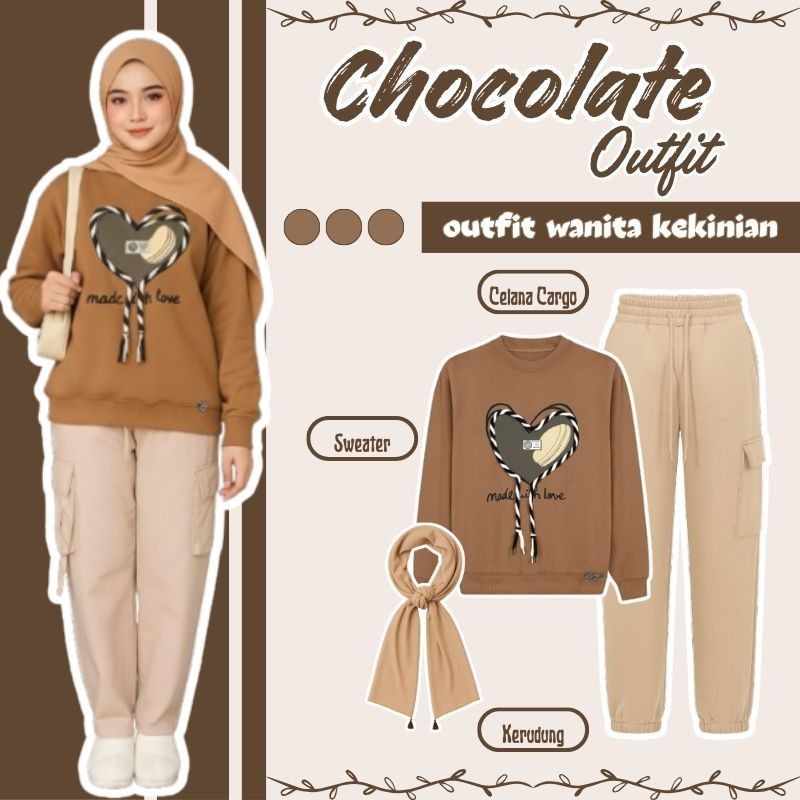 Baju Setelan Remaja Korea ( Sweater Wanita + Celana Cargo + Hijab ) Outfit Cewek Kekinian - 003