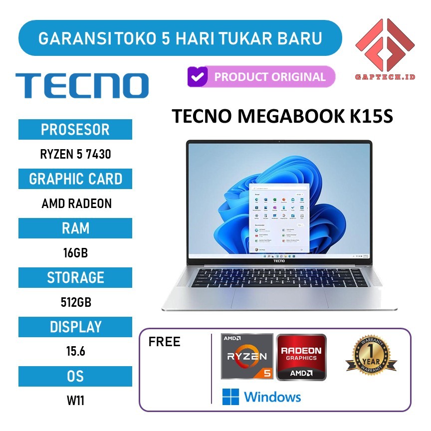 TECNO MEGABOOK K15S RYZEN 5 7430 16GB 512GB W11 15.6 FHD IPS SLV