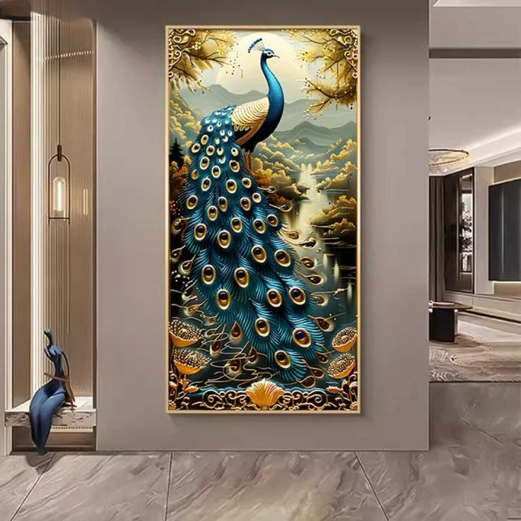 HUATPAINTING | Lukisan Porcelain Diamond Kristal 5D (LED) Motif Burung Merak Modern / Lukisan Burung
