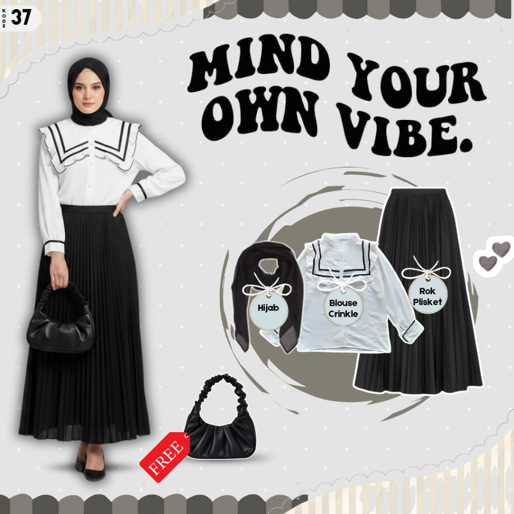 Setelan Wanita Kekinian 3in1 {Blouse Crinkle Putih + Rok Plisket Hitam  + Hijab Hitam} EM037