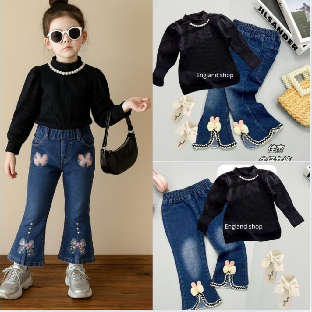 Baju Setelan celana jeans oneset gempita mutiara anak perempuan import 1 2 3 4 5 tahun viral lucu te