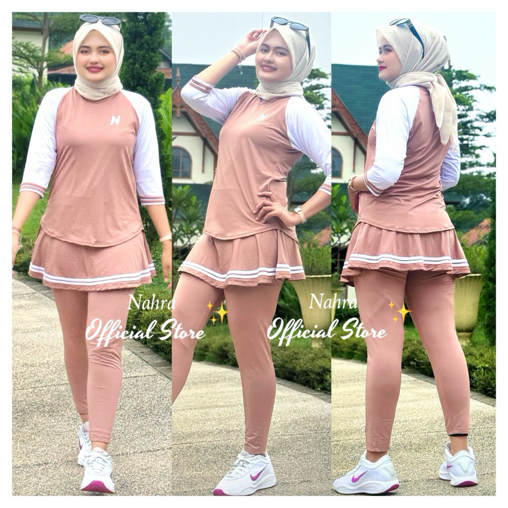 TERBARU Nahra Setelan Atasan Reglan & Legging Rok Nude Bahan Spandek Polyester Untuk Baju Senam &