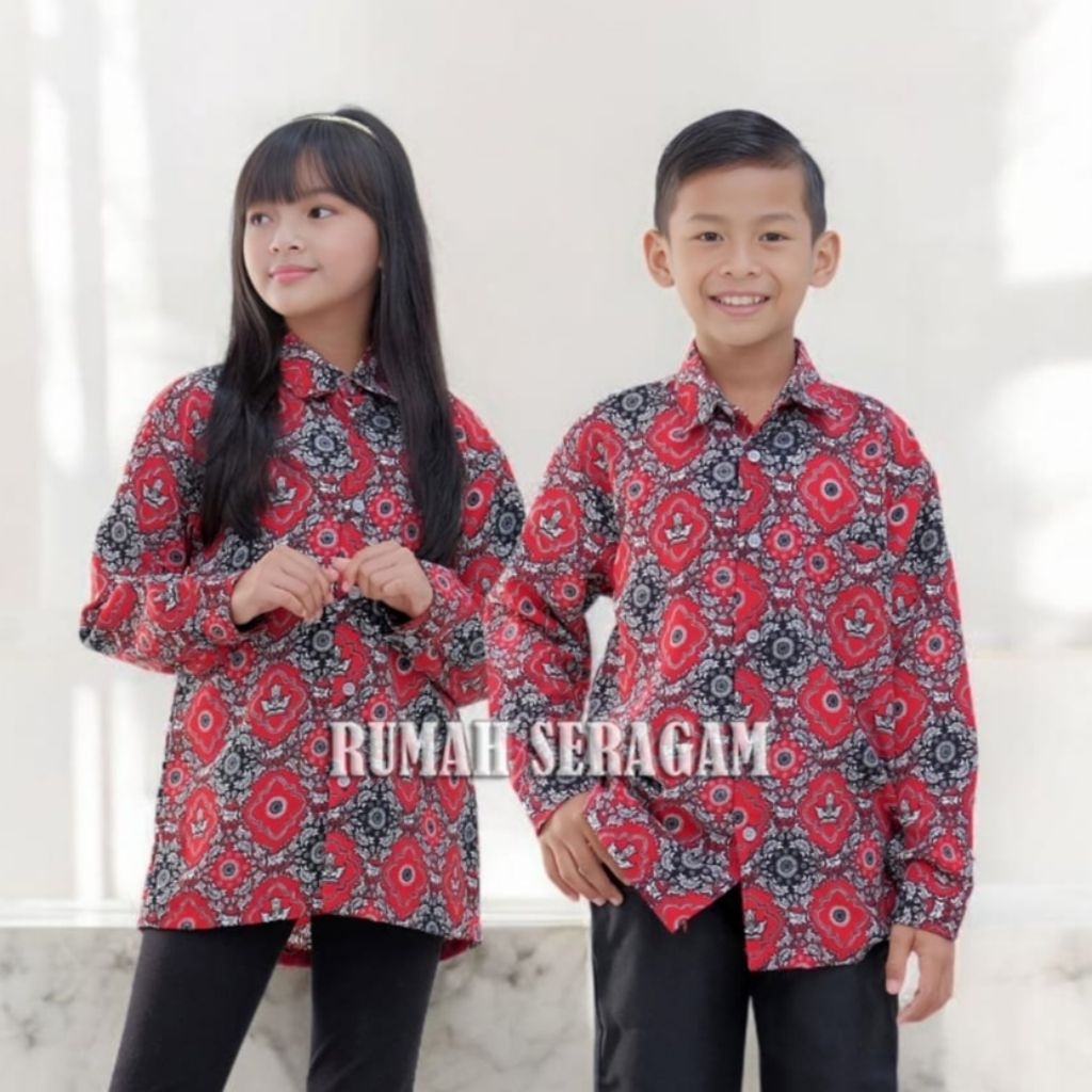 BAJU BATIK MERAH SEKOLAH SD LENGAN PANJANG SERAGAM SD NEGRI ( UNISEX ) KELAS 1-6