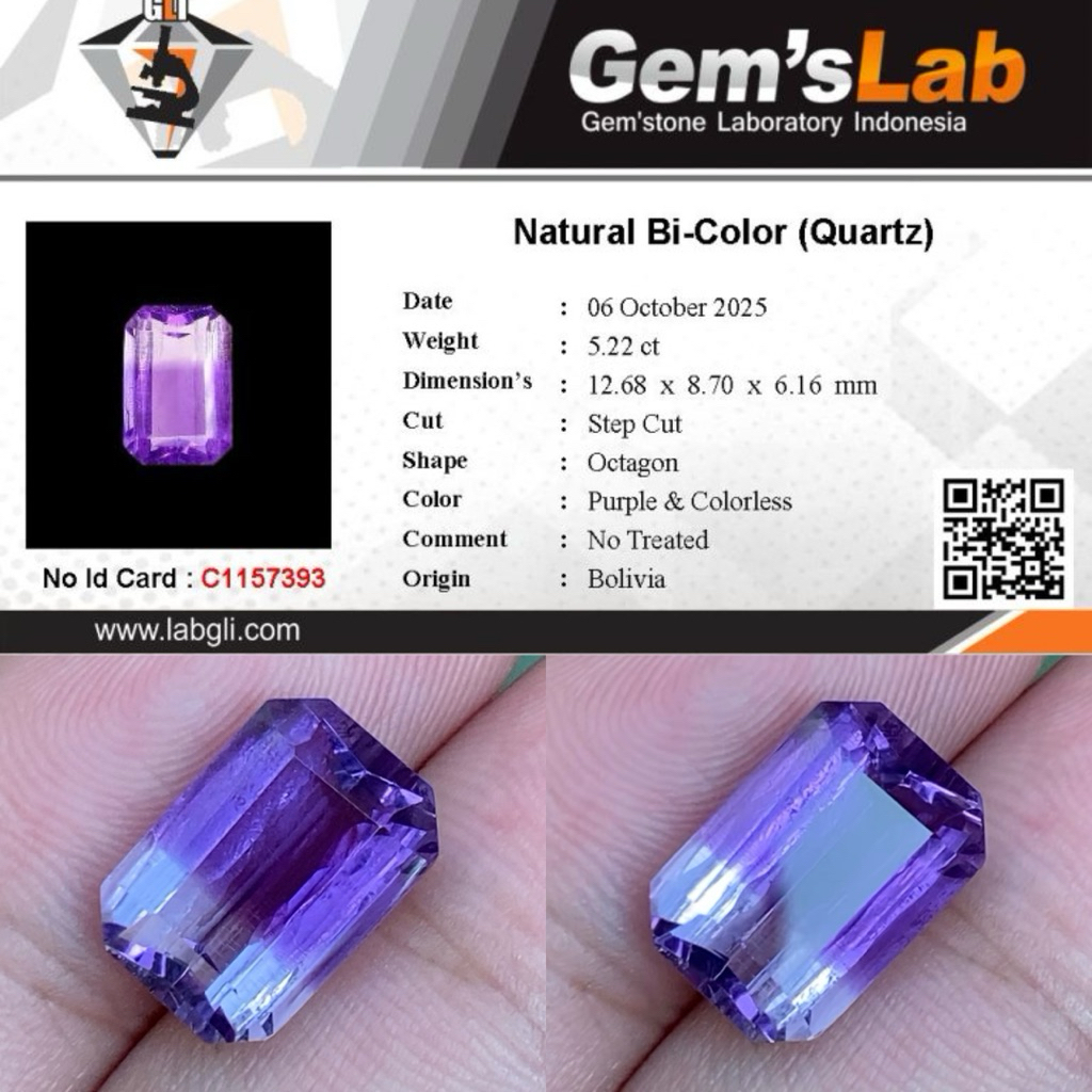 5,22 cts Natural Bi-Color Quartz origin Bolivia No Treatment Memo GLI