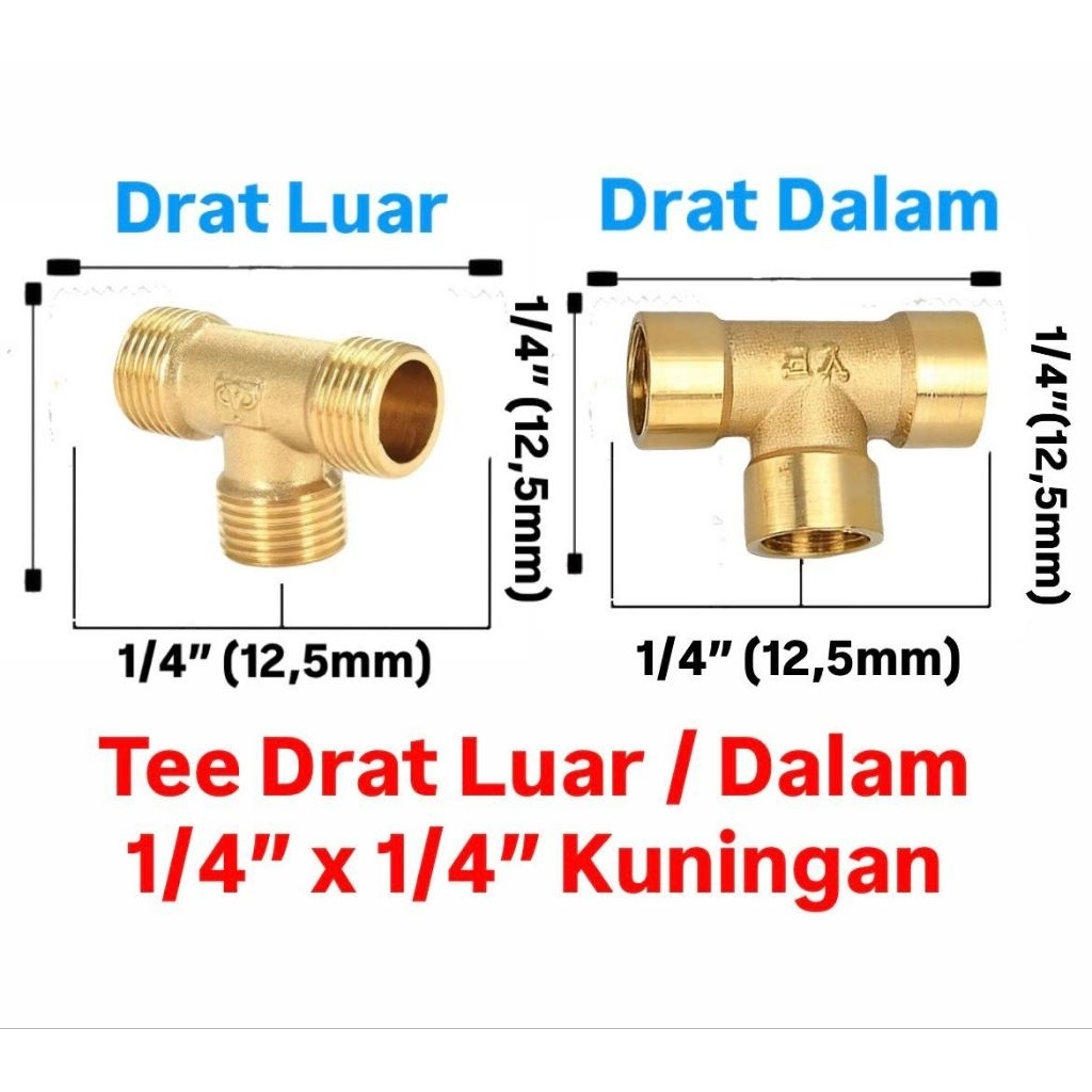 Tee T drat Drat Dalam / Luar  1/4" x 1/4" x 1/4" Kuningan