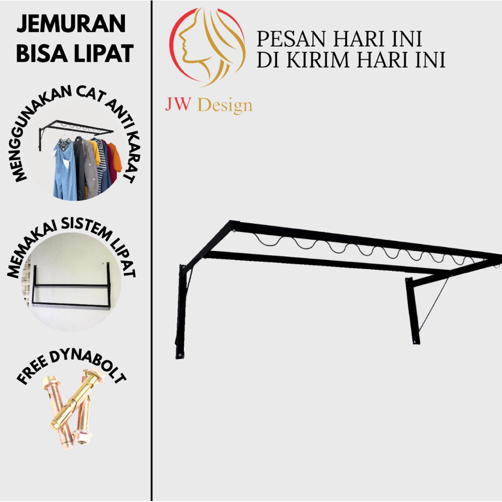 Jemuran Baju Lipat Dinding Besi Kuat Anti Karat | Jemuran Tempel Tembok Minimalis + Free Dynabolt