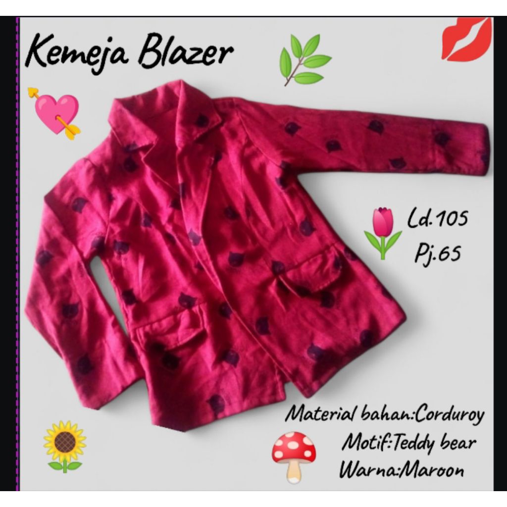 Kemeja Blazer Teddy bear lucu warna maroon