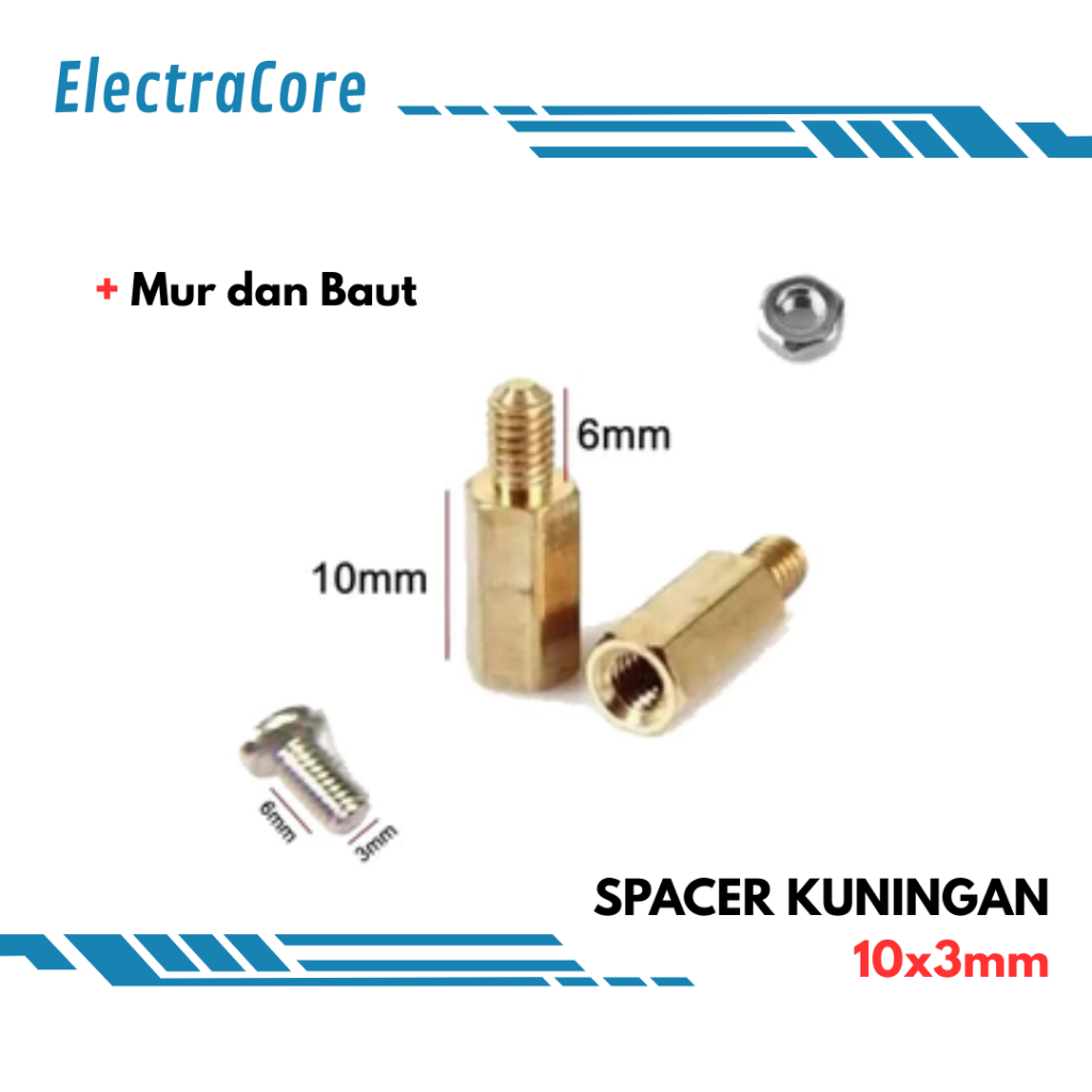Spacer Kuningan PCB 10x3mm + Mur & Baut Spacer 1 cm