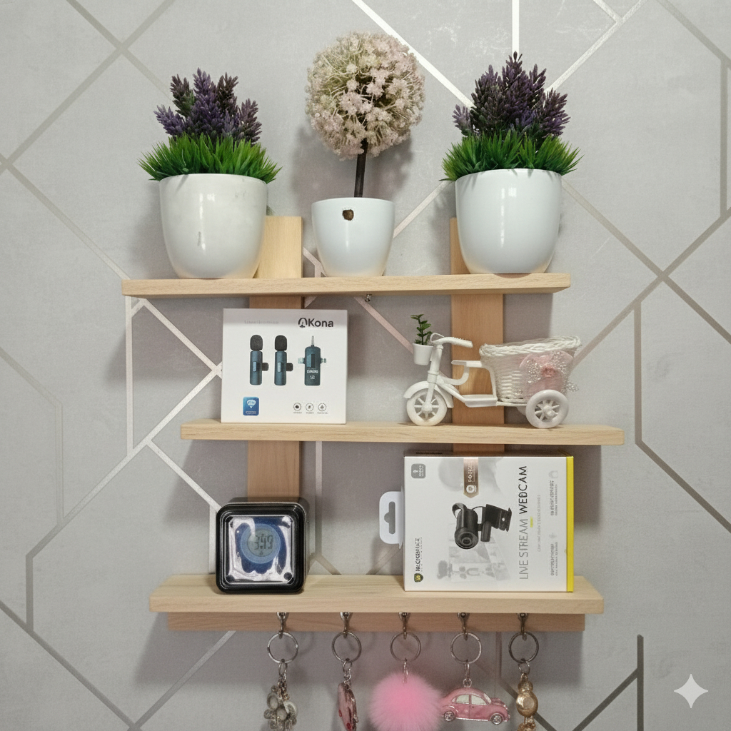 Estetik Rak Ambalan Susun Tiga Rak Gantungan Kunci Rak Bunga Plastik Hiasan Dinding