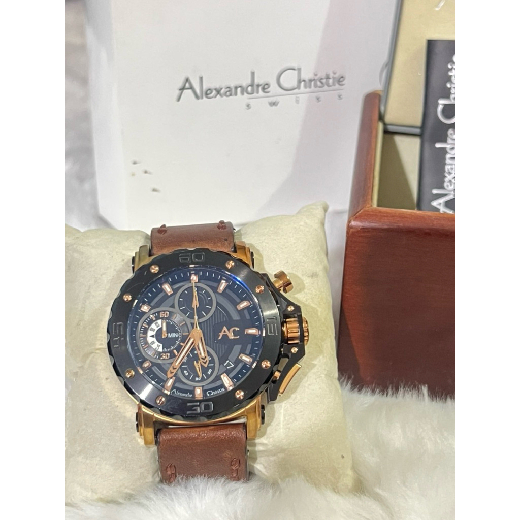 Dijual Jam Tangan AC Collection, AC 9205 MC Hitam Rosegold Strap Coklat Kulit