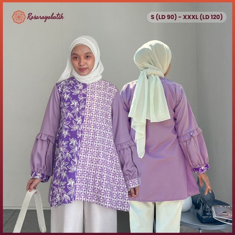 RASARAYA BATIK Zarina Blouse Wanita Katun - Atasan Batik Cap Lilac Busui Friendly Modern Elegan