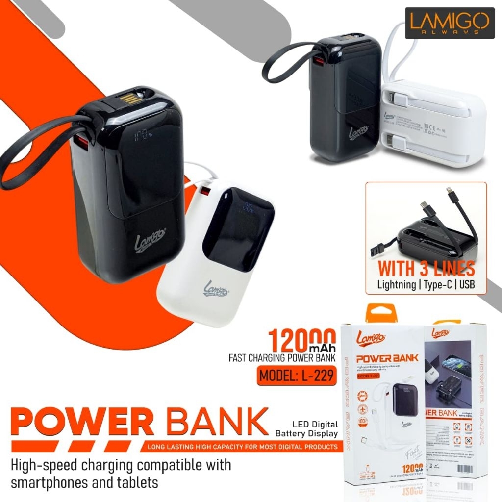 Powerbank Lamigo L229 PB Real 12000mah Power bank Fast Charge Turbo Vooc Flash include kabel Type C 