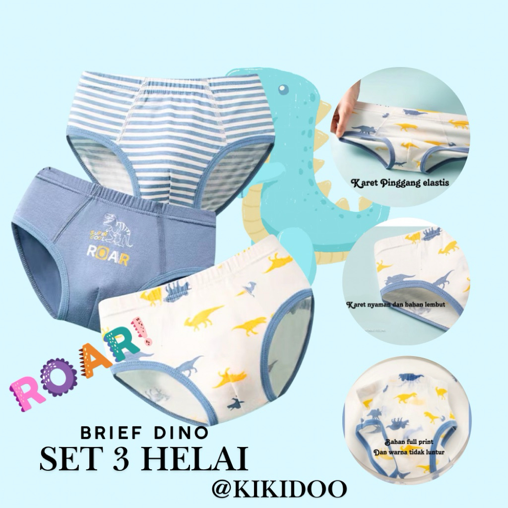 Kikidoo 3Pcs 1Set Celana dalam brief anak katun sempak Anak Cowok COLL DINO BAL49